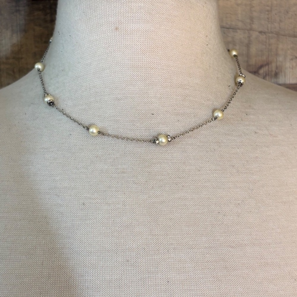 Lauren Ralph Lauren Silver Tone Faux Pearl Station Necklace RL Logo Tag